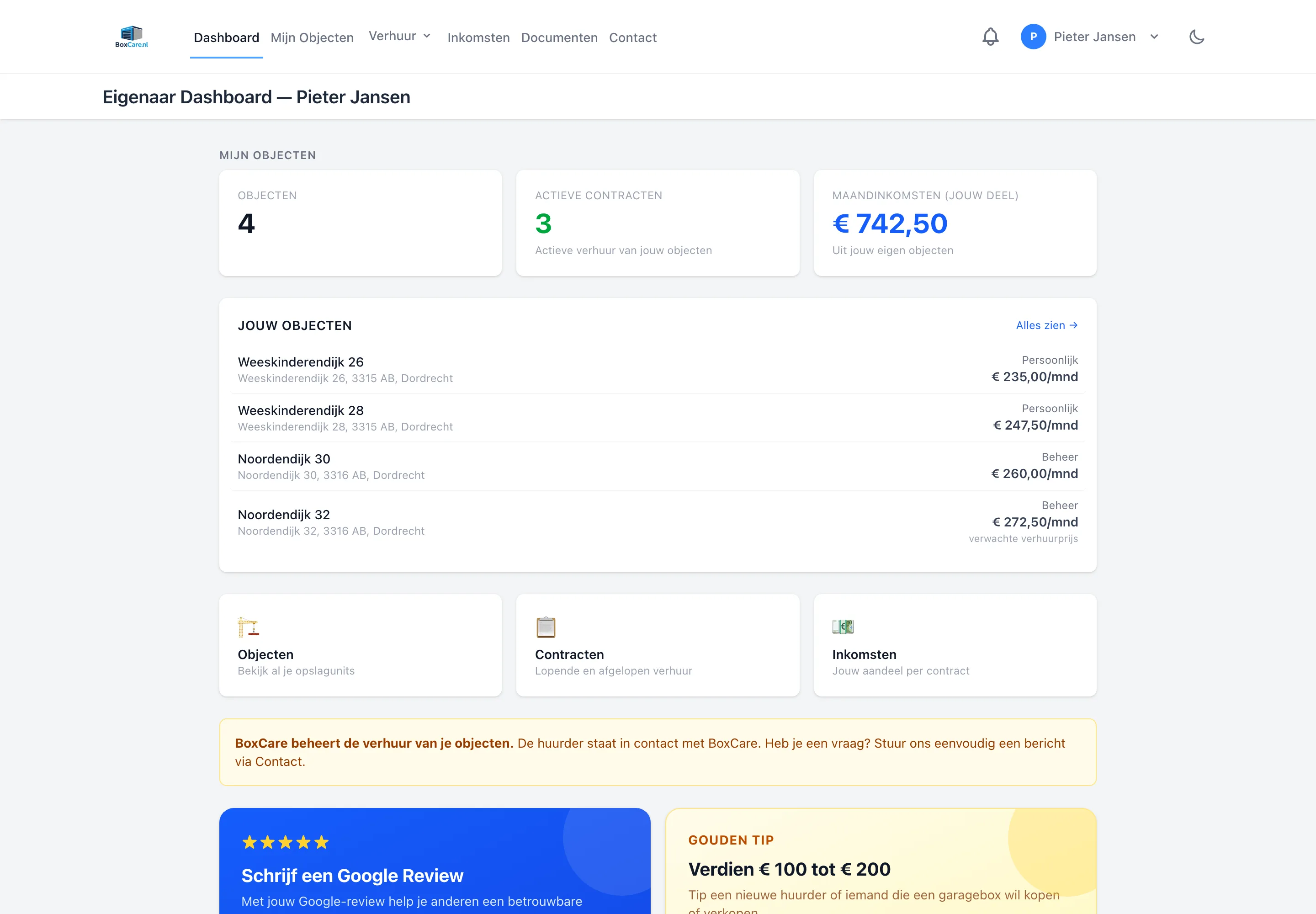 Eigenaarsdashboard met objecten, actieve contracten en maandinkomsten