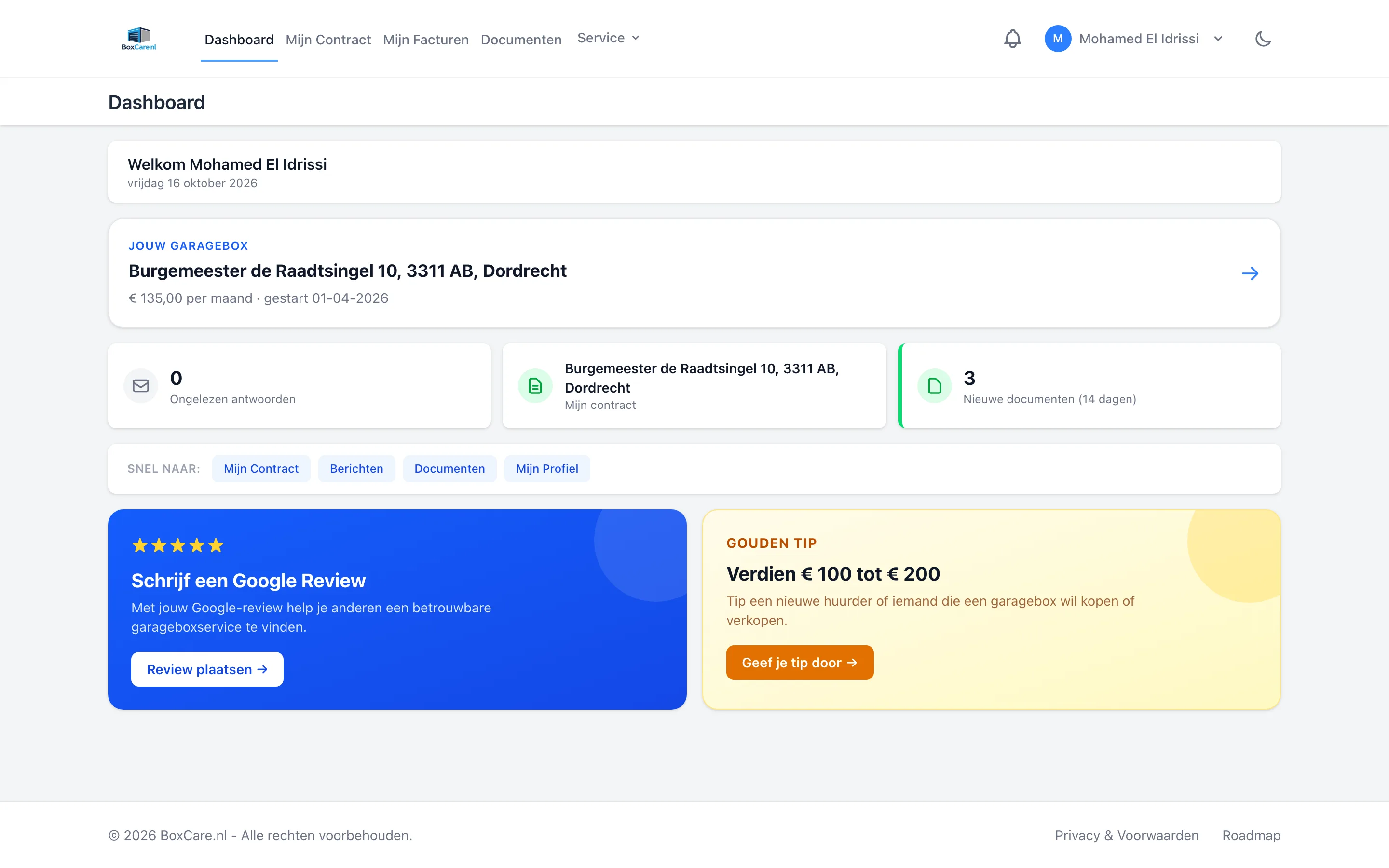 Huurdersdashboard met de gehuurde garagebox, berichten en documenten
